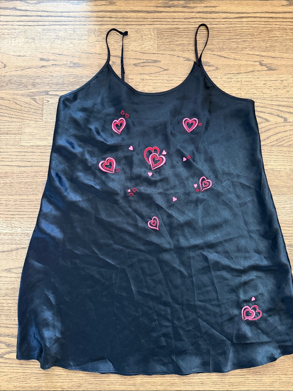 Black Satin Slip with Pink Heart Embroidery